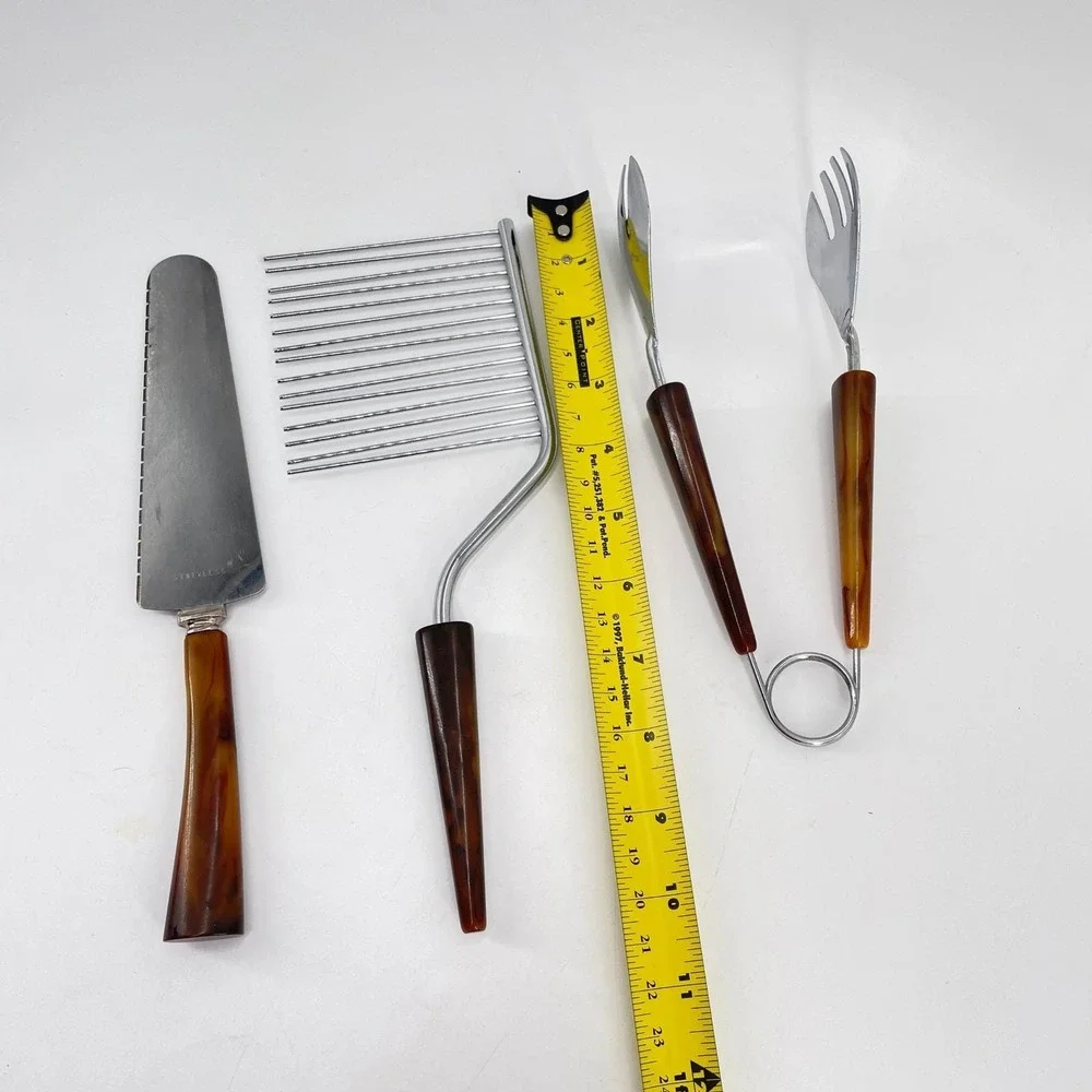 Vtg Bakelite Serving Set‎ Cake Breaker Slicer Tongs faux tortoise shell